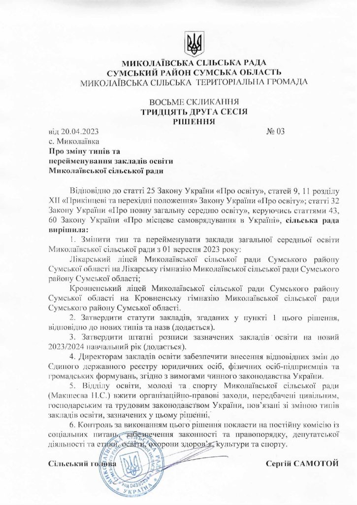 Зміна типів закладів освіти